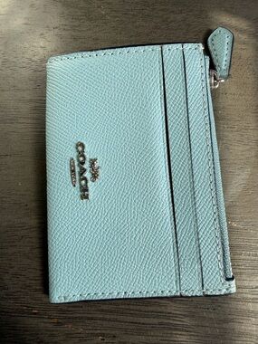 Coach Light Blue Leather Card Holder with Zip Pocket